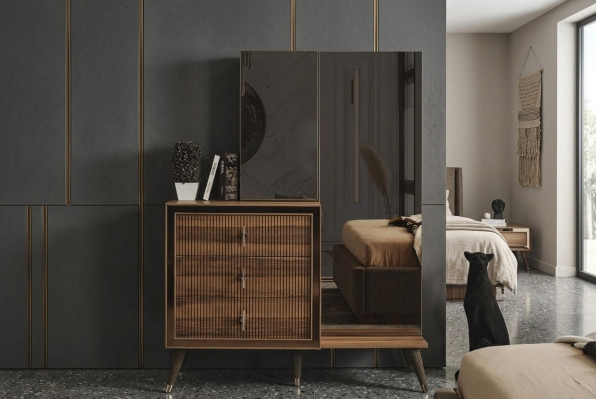 Bruine slaapkamer meubels commode met spiegel luxe houten set met 3 deuren.