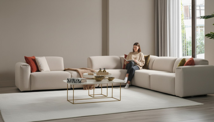 Beige woonkamer bank ontwerper hoekbank L-vorm luxe bank meubels
