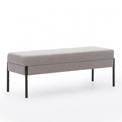 Grijze slaapkamer zitbank met ontwerper houten frame en stoffen bekleding.