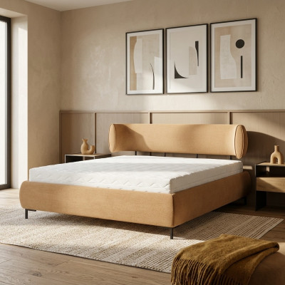 Bruine slaapkamer bed gestoffeerde bedden design houten frame stoffen bed.