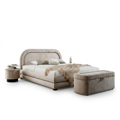 Exclusieve beige slaapkamer set, tweepersoonsbed, gestoffeerde nachtkastjes