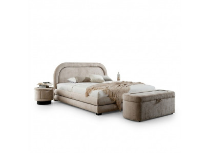 Exclusieve beige slaapkamer set, tweepersoonsbed, gestoffeerde nachtkastjes