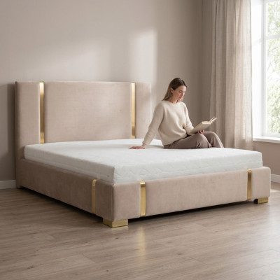 Beige roestvrijstalen bed Slaapkamer Bedden Modern gestoffeerd bed Meubels Nieuw