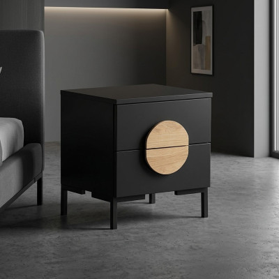 Zwarte nachtkastje met 2 laden ontworpen door designer, houten meubel.