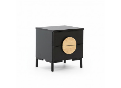 Zwarte nachtkastje met 2 laden ontworpen door designer, houten meubel.