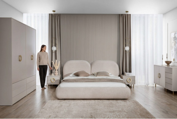Beige slaapkamerset tweepersoonsbed kledingkast ladenkast 2x nachtkastjes
