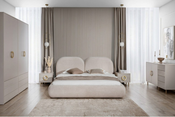 Beige slaapkamerset tweepersoonsbed kledingkast ladenkast 2x nachtkastjes