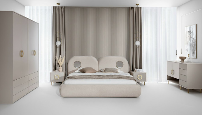 Beige slaapkamerset tweepersoonsbed kledingkast ladenkast 2x nachtkastjes