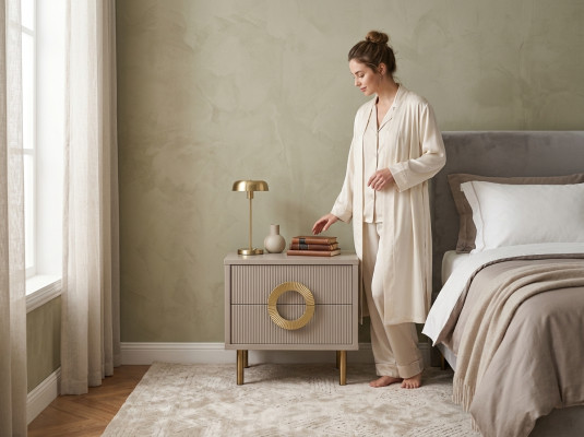 Ontwerper beige nachtkastje met 2 laden slaapkamer bedconsole