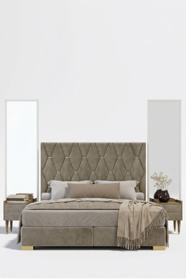Grijze slaapkamer tweepersoonsbed met design nachtkastjes luxe 3-delige set