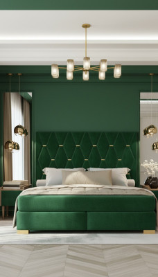 Stijlvolle groene slaapkamer met tweepersoons bed frame van hout en nachtkastjes