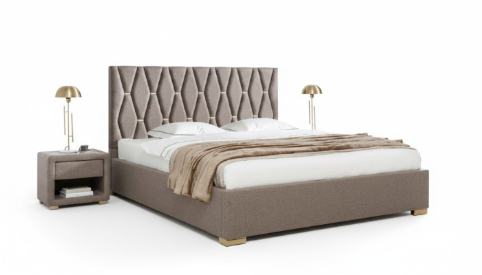 Bruin textiel bed designer gestoffeerde nachtkastjes slaapkamer meubels 3-delig