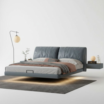 Grijze slaapkamer Designer bedden Houten frame Moderne luxe meubels.