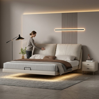 Witte slaapkamer wandbed ontwerper leren tweepersoonsbedden houten frame