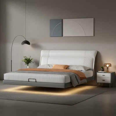 Witte slaapkamer bed Ontwerper leren bedden Stoffen bedden Tweepersoonsbedden