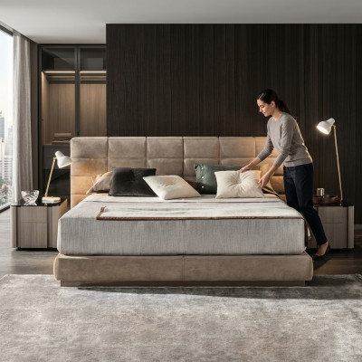 Beige tweepersoonsbed slaapkamer meubels Modern bed Luxe houten frame.