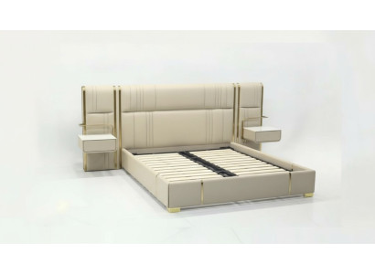 Beige slaapkamer tweepersoonsbed met groot hoofdeinde designer houten bedden