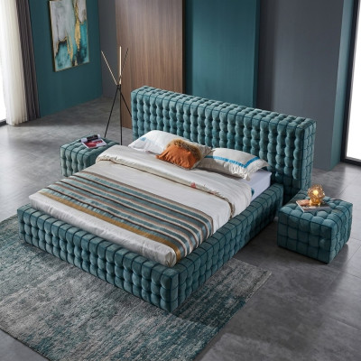 Luxe Turkoois Slaapkamer Bed Designer Tweepersoonsbed Houten Frame Nieuw