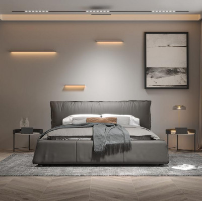 Grijze slaapkamer bed ontwerper tweepersoonsbed houten frame nieuw leren bed
