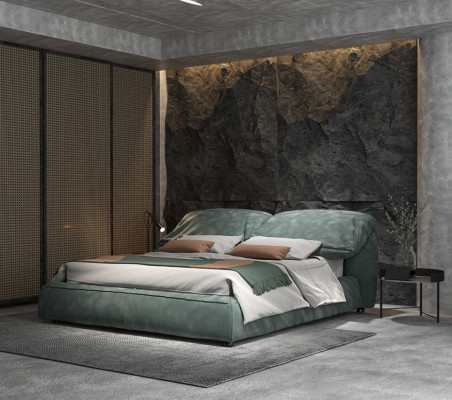 Groene slaapkamer bed ontworpen designer tweepersoonsbed luxe materiaal houten frame.