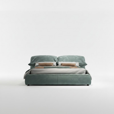 Groene slaapkamer bed ontworpen designer tweepersoonsbed luxe materiaal houten frame.
