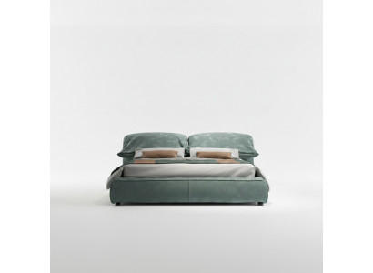 Groene slaapkamer bed ontworpen designer tweepersoonsbed luxe materiaal houten frame.