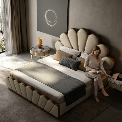 Moderne beige slaapkamer bed kunstleer tweepersoonsbed designbedden