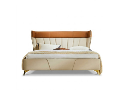 Slaapkamer Beige Tweepersoonsledikant Leren bedden Houten frame Textielmeubels