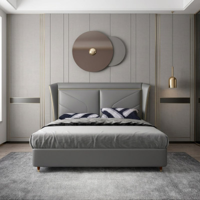 Grijze slaapkamer dubbel bed designer bedden houten frame leren bedden