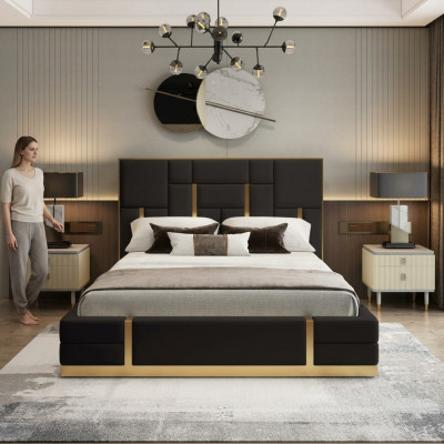Zwarte slaapkamer bed ontwerper hout tweepersoonsbed luxe roestvrijstalen bed