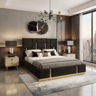 Zwarte slaapkamer bed ontwerper hout tweepersoonsbed luxe roestvrijstalen bed
