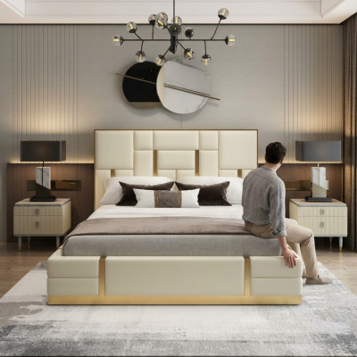 Wit tweepersoonsbed slaapkamer luxe houten frame designer roestvrijstalen bed.
