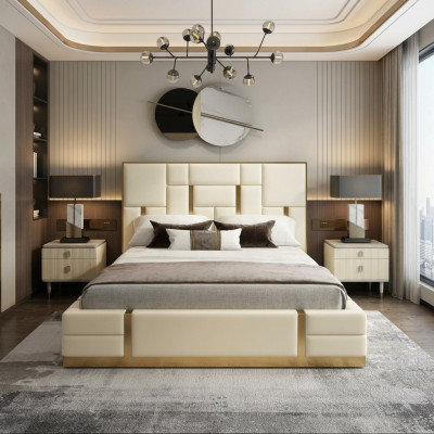 Wit tweepersoonsbed slaapkamer luxe houten frame designer roestvrijstalen bed.