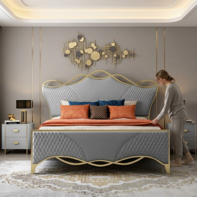 Stijlvolle slaapkamer bed ontworpen kunstlederen tweepersoonsbed houten frame
