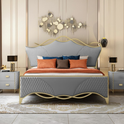Stijlvolle slaapkamer bed ontworpen kunstlederen tweepersoonsbed houten frame