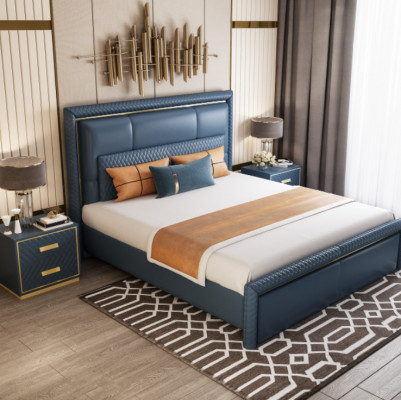 Grote Blauwe Slaapkamer Bed Designer Tweepersoonsbedden Kunstleren Bedden