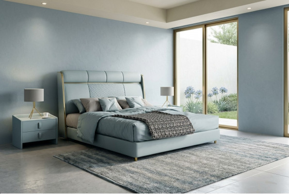 Slaapkamer Blauw tweepersoonsbed Designer bedden Houten frame Luxe meubels
