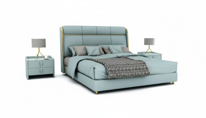 Slaapkamer Blauw tweepersoonsbed Designer bedden Houten frame Luxe meubels