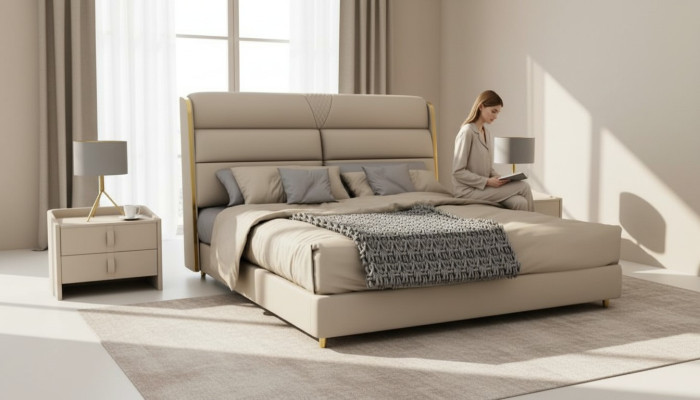 Helle beige tweepersoonsbed luxe slaapkamerbedden Modern bedontwerp.