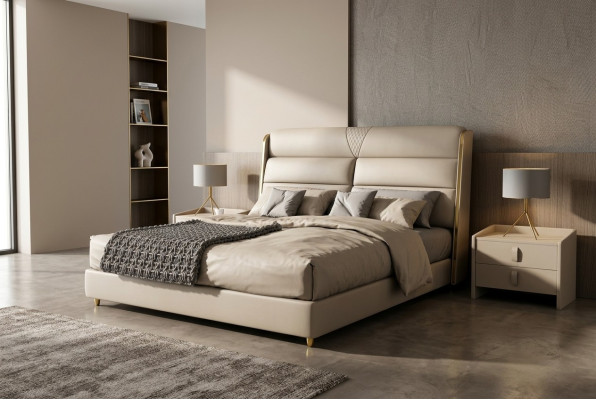 Helle beige tweepersoonsbed luxe slaapkamerbedden Modern bedontwerp.