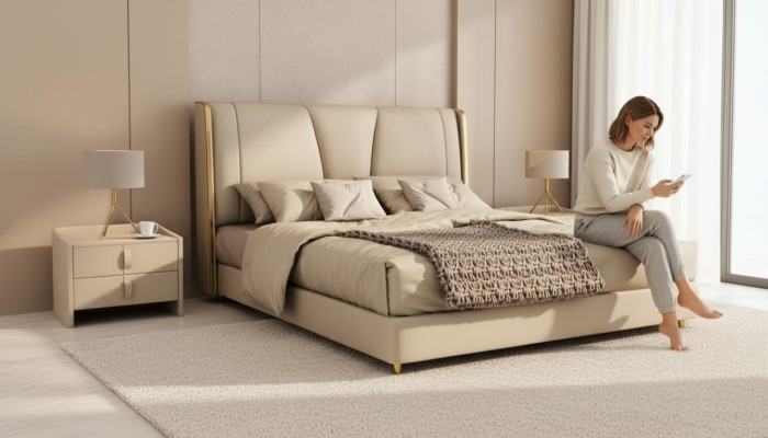 Slaapkamer Ontwerper Beige Bed Tweepersoonsbedden LED-bedden Lederen bedden