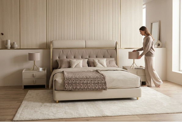 Stijlvolle beige slaapkamer bed dubbel bed textiel bedden LED bed