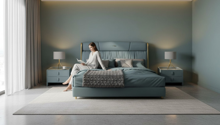 Blauwe slaapkamer tweepersoonsbed designmeubels LED-bed hout textielbedden