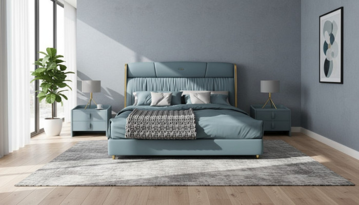 Blauwe slaapkamer tweepersoonsbed designmeubels LED-bed hout textielbedden