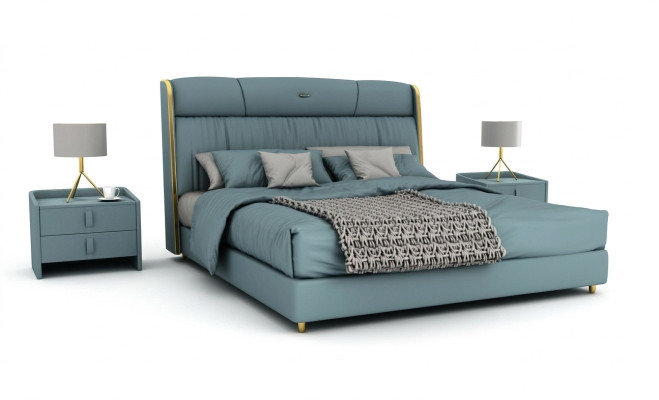 Blauwe slaapkamer tweepersoonsbed designmeubels LED-bed hout textielbedden
