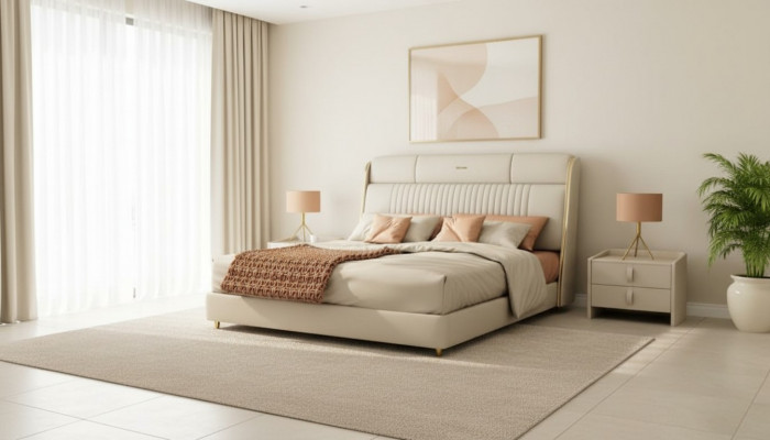 Beige textielbed Stijlvolle slaapkamermeubels Designer tweepersoonsbedden