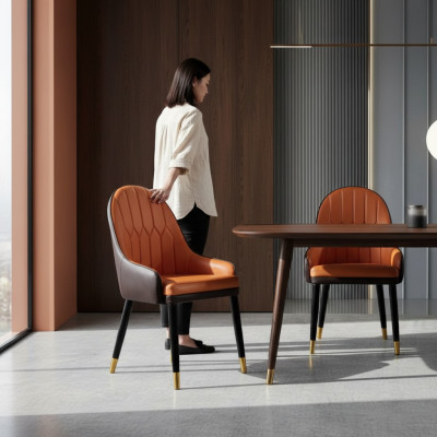 Bruin-oranje eetkamerstoelen Ontwerper houten stoelen Moderne leunstoel