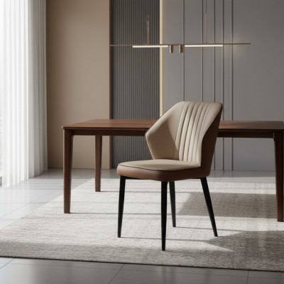 Bruine fauteuils, Edele eetkamerstoelen, Houten stoelen, Luxe textielmeubelen.