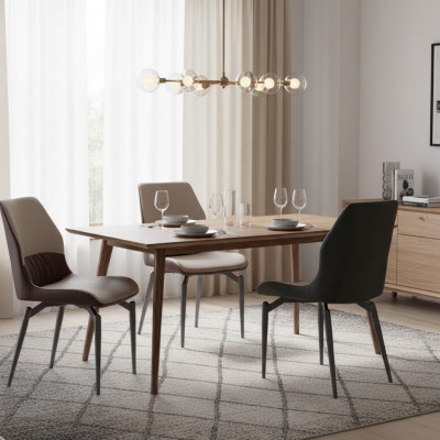 Beige eenzitsstoelen zonder armleuningen eetkamerstoelen keukenmeubels