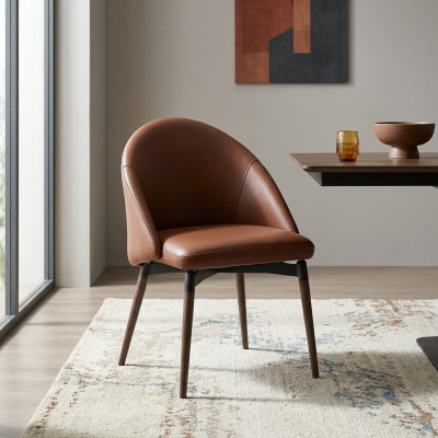 Bruine leren stoel, ontworpen stoel, moderne eetkamer houten stoelen